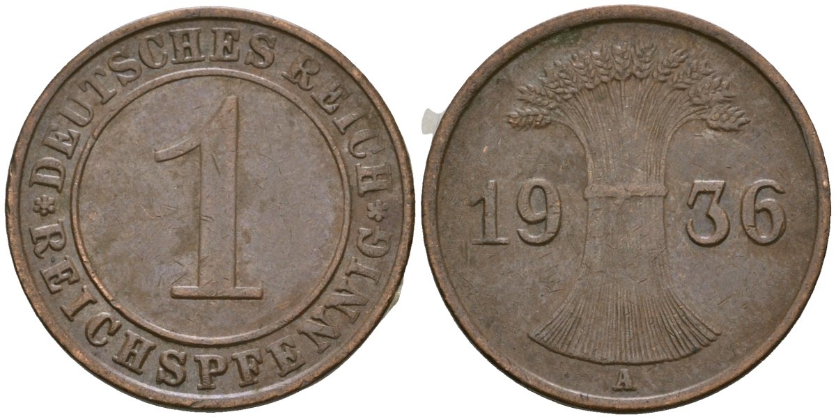 Германия 1 рейхспфенниг 1936 A KM 37, J. 313 бронза 4549-323
