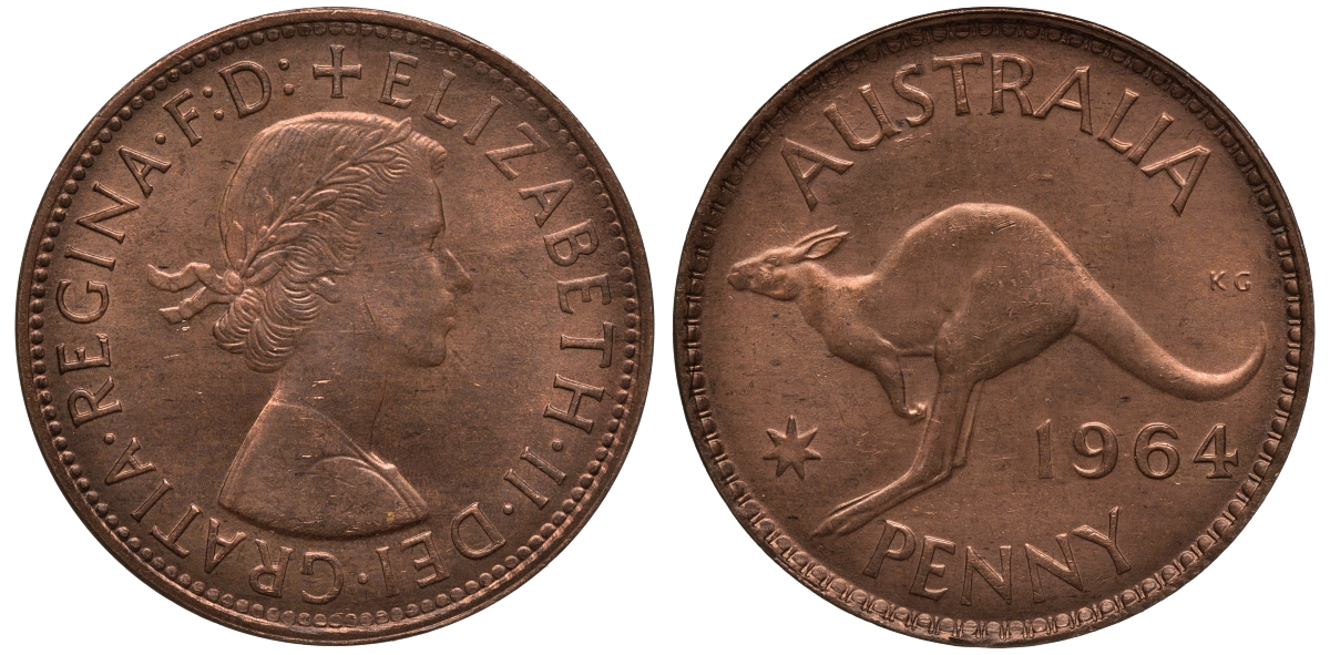 Австралия 1 пенни 1964 m, Елизавета II (1952-2022), кенгуру KM 56 бронза UNC 3460-423