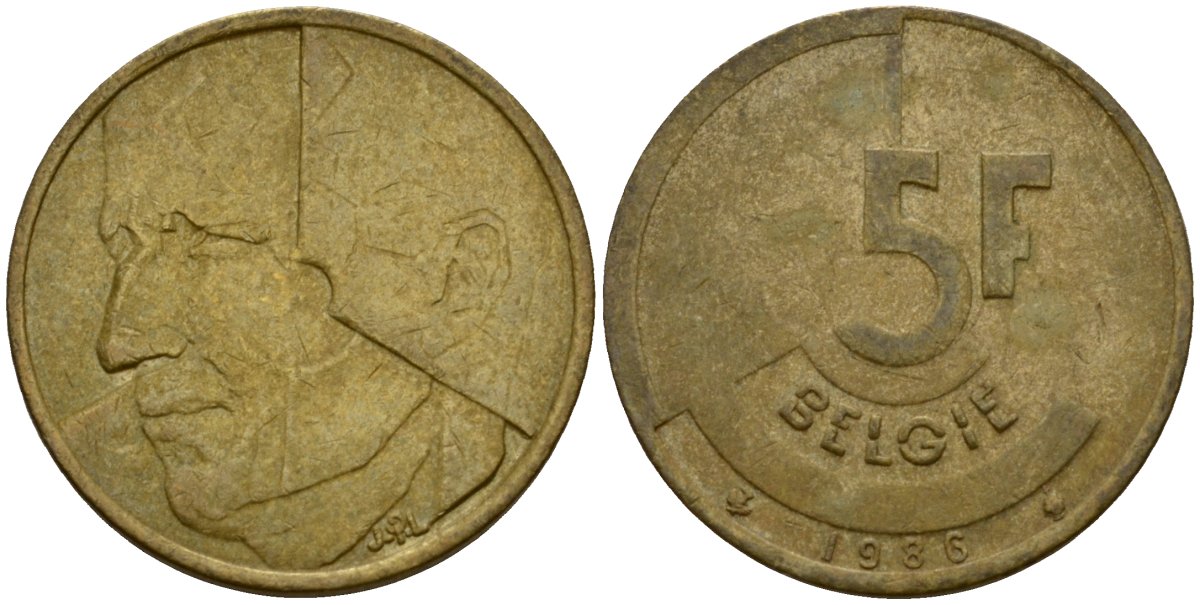 Бельгия 5 франков 1986 Belgie, Бодуэн I (1951-1993) KM 164 алюминиевая бронза 4601-254