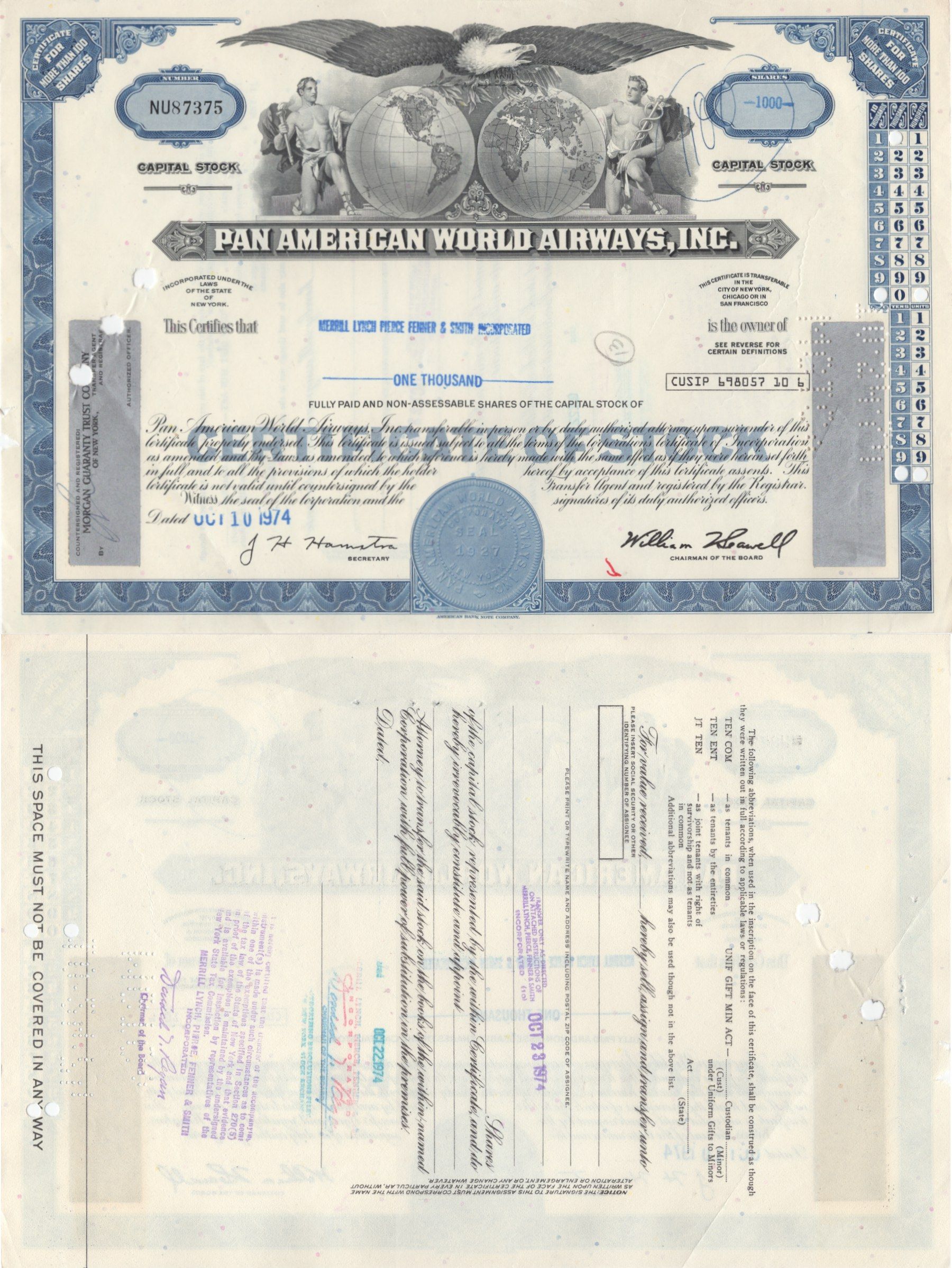 США, Pan American World Airwaysсертификат на 100 акций1974бумага5553-12-2