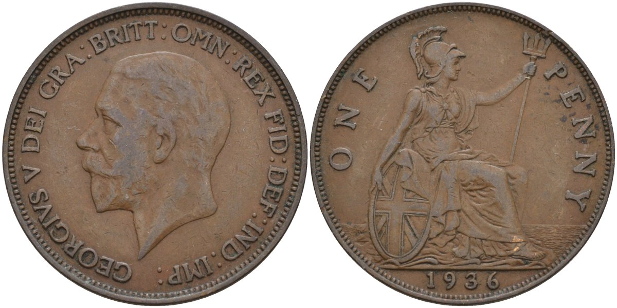 Великобритания 1 пенни 1936 Георг V (1910-1936) KM 838, Spink 4055 бронза 4144-846