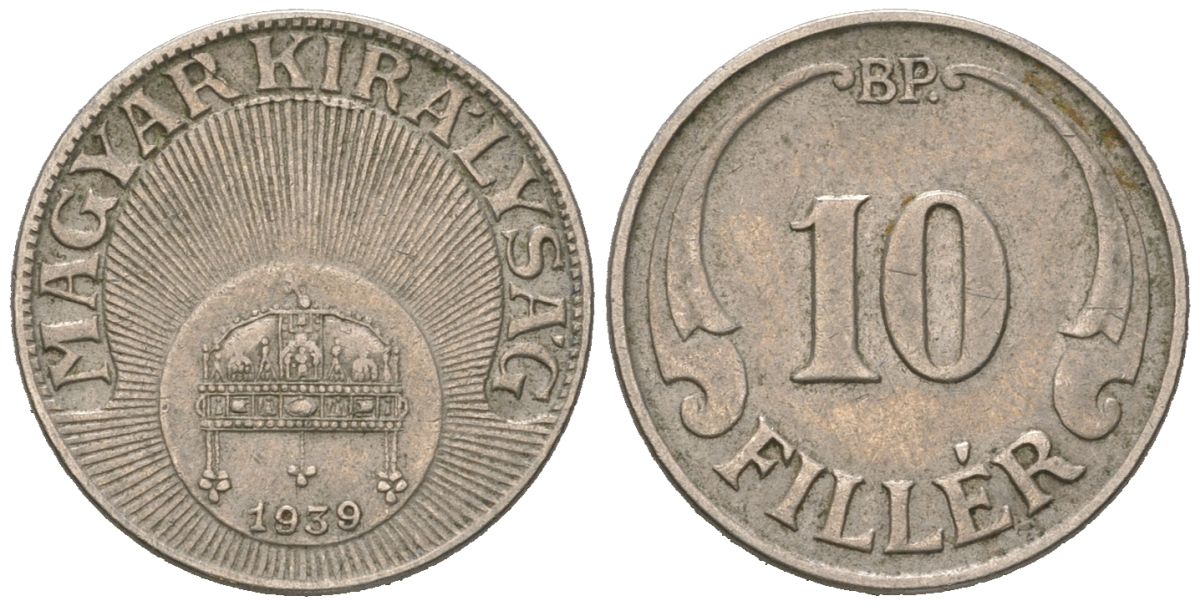 Венгрия 10 филлеров 1939 BP, очень редкий год KM 507 медно-никель 1524-1015