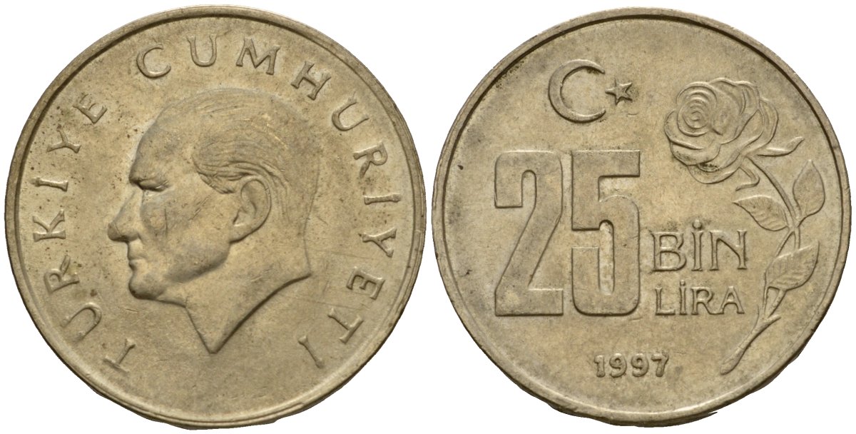 Турция 25000 лир 1997 Мустафа Кемаль Ататюрк KM 1041 медь цинк никель 4601-716