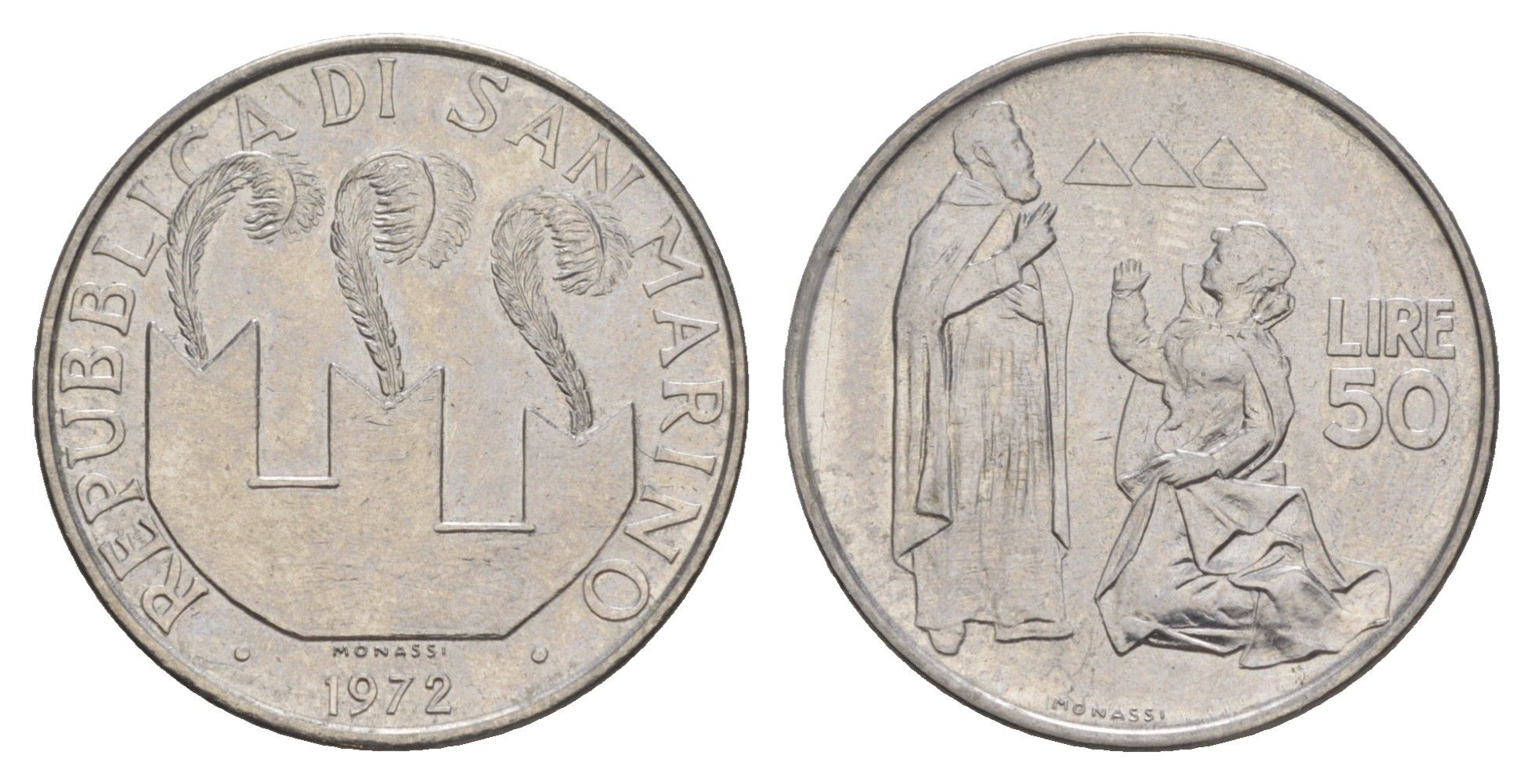 Сан-Марино 50 лир 1972 KM 19 нержавеющая сталь UNC 4648-225