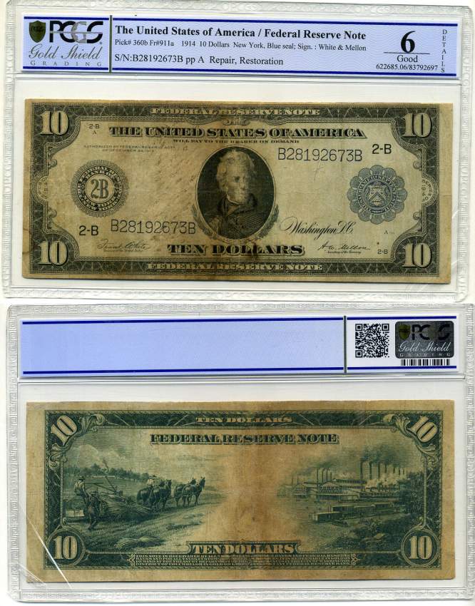 США 10 долларов 1914 голубая серия, подпись WHITE-MELLON, Нью-Йорк, реставрация, в слабе PCGS 6 Good Pick 360 b   бумага   452-1-47