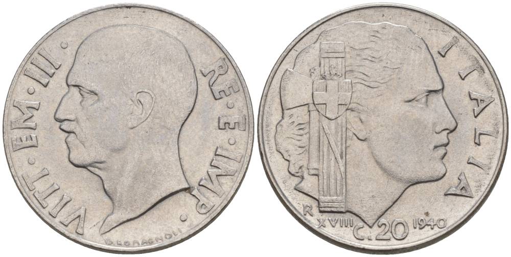 ИТАЛИЯ 20 ЧЕНТЕЗИМО 1940 R, ГОД XVIII, ВИКТОР ЭММАНУИЛ III (1900-1946), МАГНИТНАЯ, ГУРТ РИФЛЁНЫЙ KM 75b, VEM3. 1025 нержавеющая сталь 3853-457