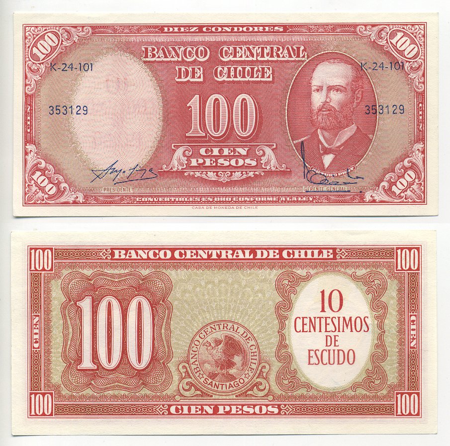Чили 10 сентесимо ND (1960-1961) надпечатка на 100 песо, Артуро Прат Pick 127a бумага UNC (пресс) 7218-64-2