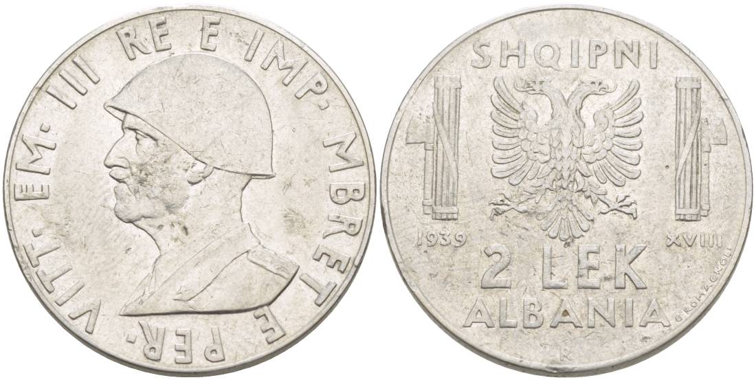 Албания 2 лека 1939 R, год XVIII, Итальянская оккупация, вторая мировая KM 32 нержавеющая сталь 4179-246