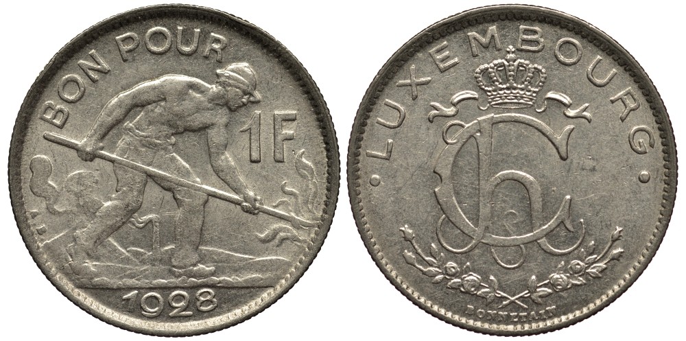 ЛЮКСЕМБУРГ 1 ФРАНК 1928 СТАЛЕВАР, ДИАМЕТР 22,8 ММ., ВЕЛИКАЯ ГЕРЦОГИНЯ ШАРЛОТТА (1919-1964) KM 35 никель 4538-857
