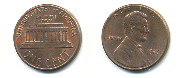 США 1 ЦЕНТ 1986 ЛИНКОЛЬН KM 201b цинк плакированный медью 86-232