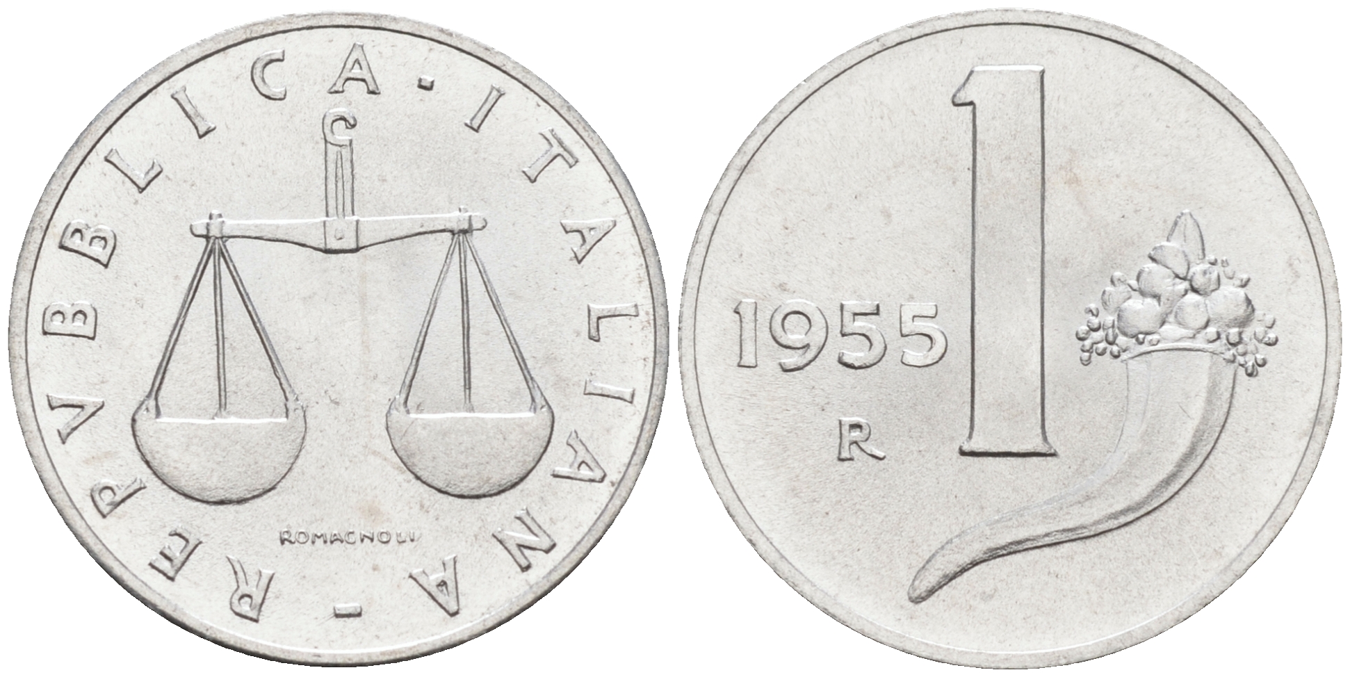 Италия 1 лира 1955 R, весы KM 91 алюминий  UNC  4594-624