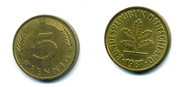 ФРГ 5 ПФЕННИГОВ 1987 J KM 107, J. 382 сталь плакированная латунью 46-315