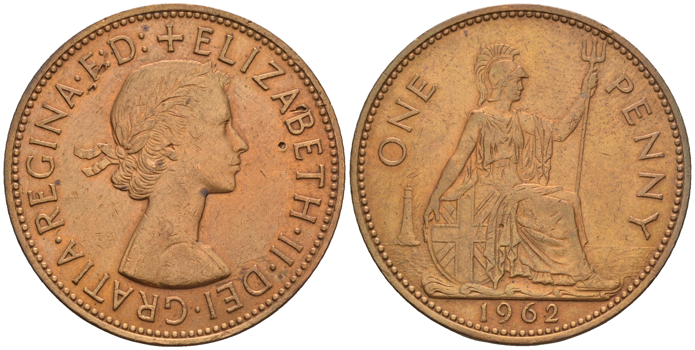 Великобритания 1 пенни 1962 Елизавета II (1952-2022) KM 897, Spink 4157 бронза 4607-1245