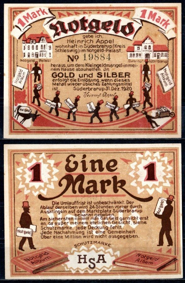 Зюдербраруп (Пруссия, Шлезвиг-Гольштейн) 1 марка 1920 Mehl Grabowski 1293.1 бумага UNC (пресс) 7556-63-3-2