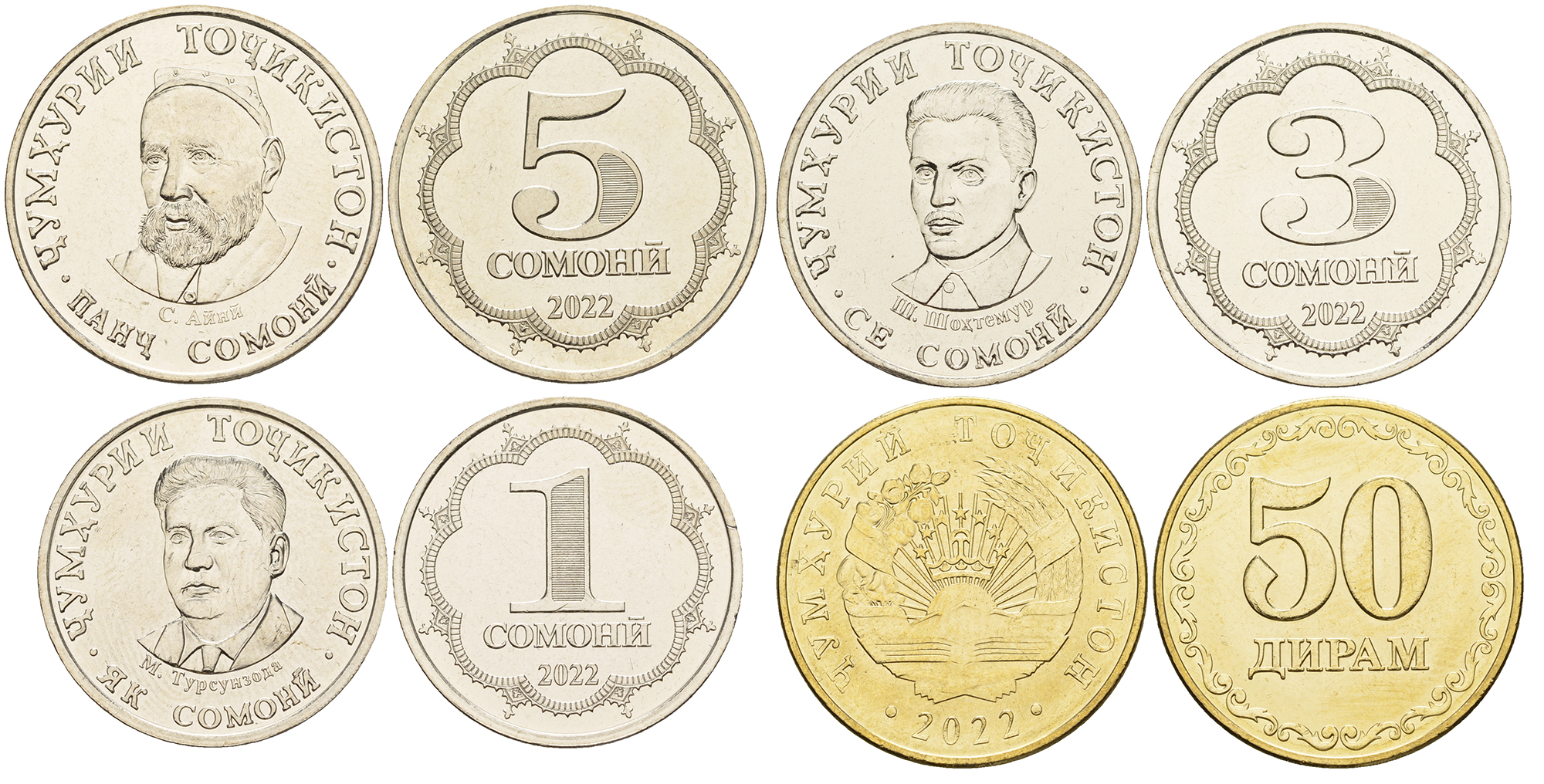 Таджикистан лот из 4 монет 2022 (50 дирам, 1, 3, 5 сомони) KM NEW   UNC  M77-08