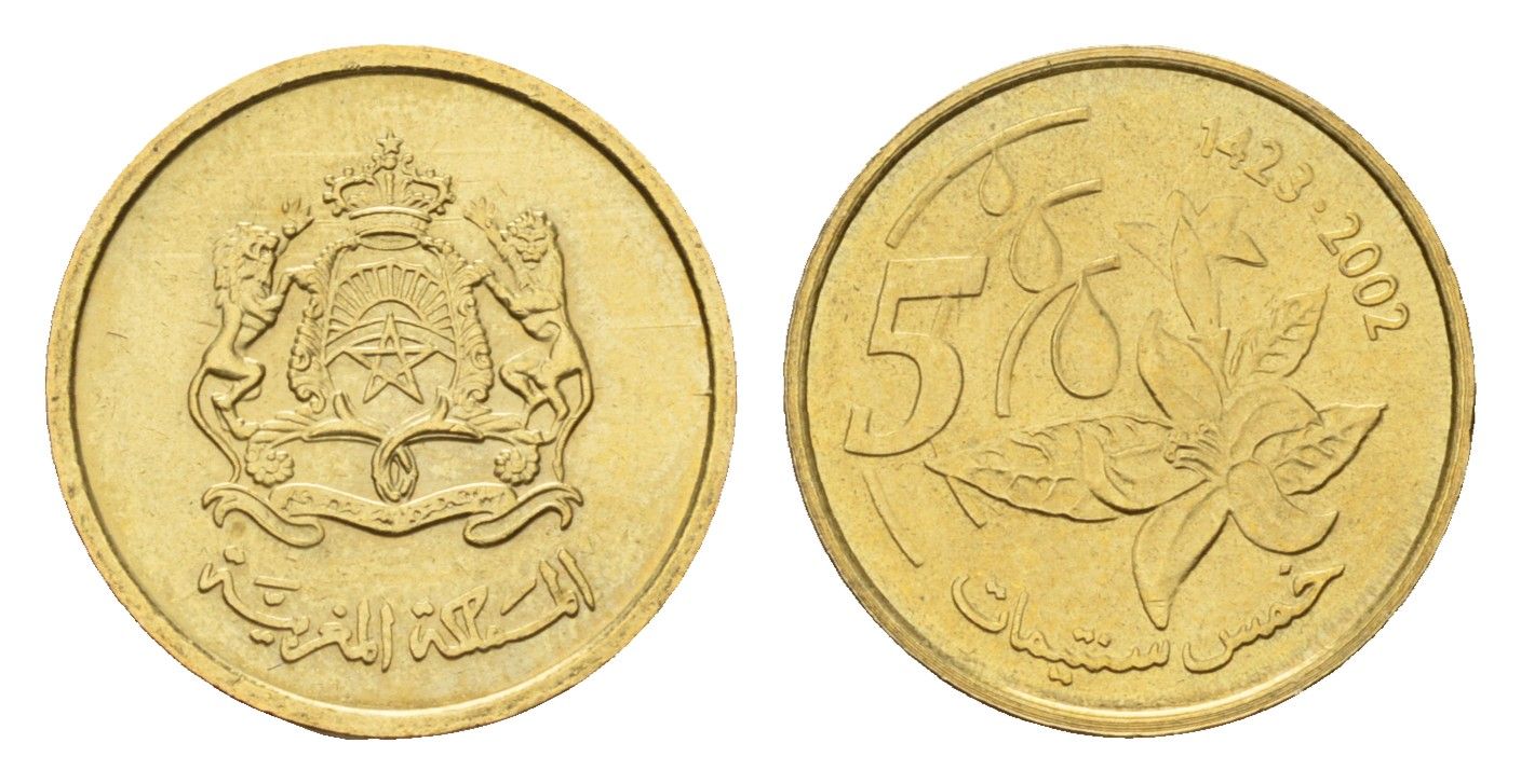Марокко 5 сантимов 2002 AH 1423, год-тип Y 112 медь алюминий цинк олово UNC 4588-1225