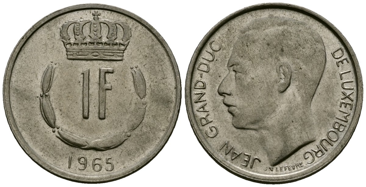 Люксембург 1 франк 1965 Первый год, Великий герцог Жан (1964-2000) KM 55 медно-никель 4167-712