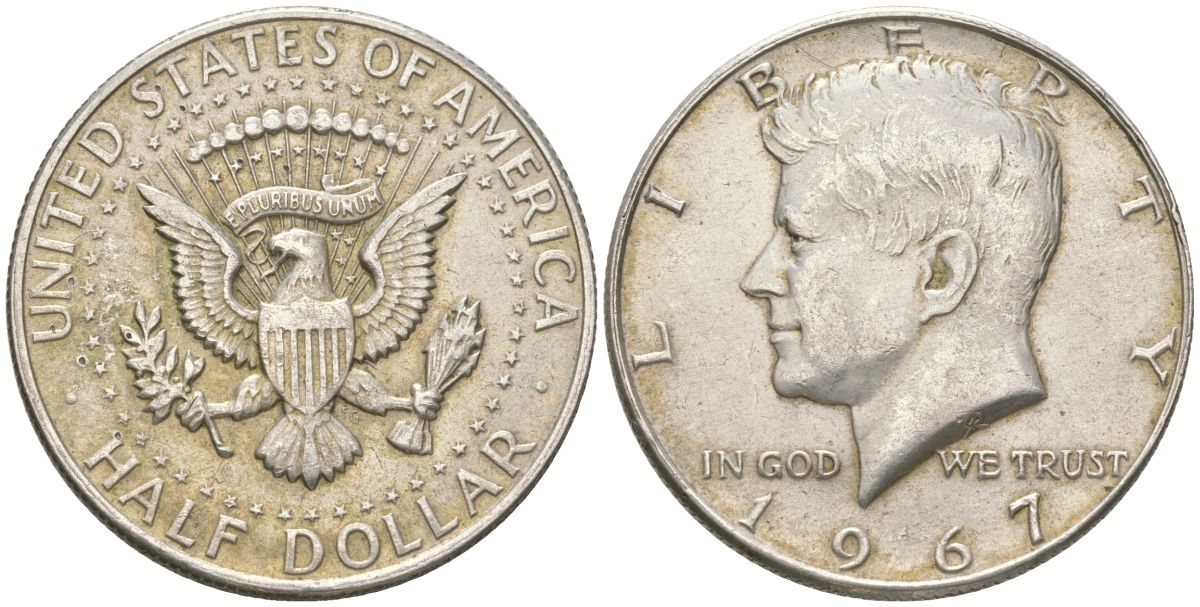 США 1/2 доллара (50 центов) 1967 Джон Кеннеди KM 202a серебро 221-1022