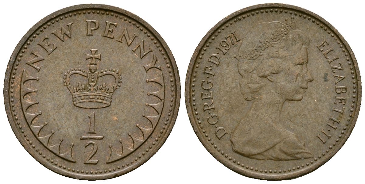 Великобритания 1/2 пенни 1971 Елизавета II (1952-2022) KM 914, Spink 4239 бронза 4136-1137
