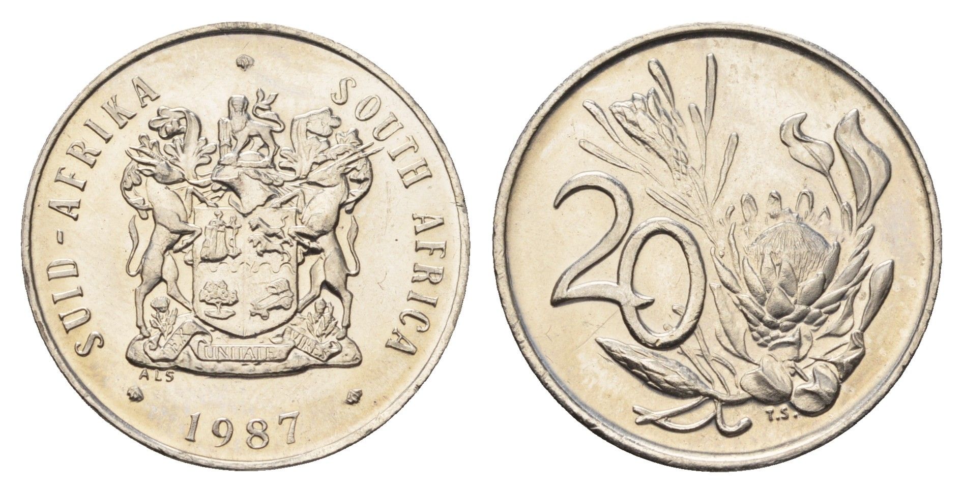 ЮАР 20 центов 1987 герб, цветок протея KM 86 никель UNC 4693-755