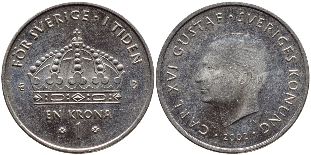 Швеция 1 крона 2002 Карл XVI Густав (1973- ) KM 894 медно-никель 4380-317