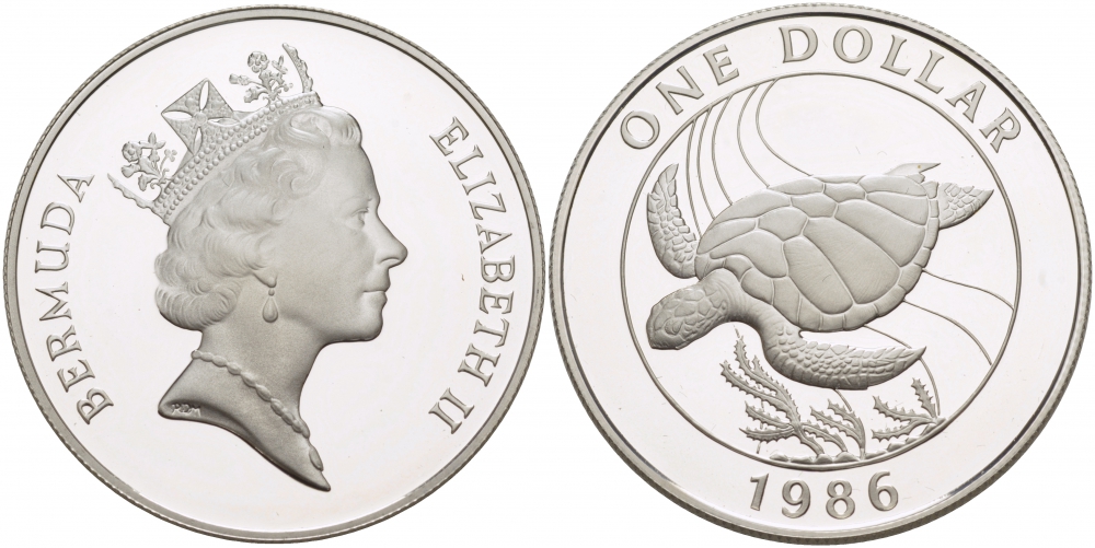 Бермудские острова 1 доллар 1986 серия 25 лет защиты окружающей среды, морская черепаха КМ 49 a серебро PROOF 1068-5-53