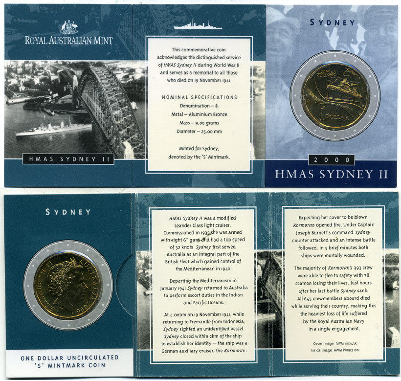 АВСТРАЛИЯ 1 ДОЛЛАР 2000 АВСТРАЛИЙСКИЙ ВОЕННЫЙ КОРАБЛЬ HMAS СИДНЕЙ, ПОТОПЛЕН В 1941 ГОДУ, В ОРИГИНАЛЬНОМ БУКЛЕТЕ, MINT S KM 422 никель алюминий медь UNC 06-081-79