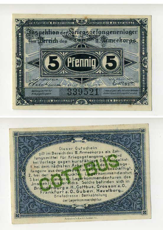 Германия 5 пфеннигов 1917 инспекция лагерей военнопленных в Котбусе, III-ий Армейский корпус C-2833 бумага UNC (пресс) 504-79-3-1