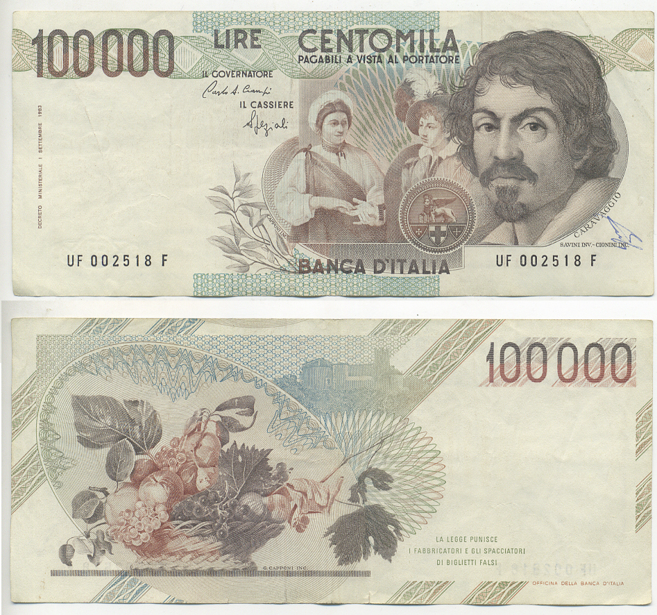 Италия 100000 лир 1983 Караваджо, фруктовый букет, подпись Stevani Pick 110а бумага 7220-1-1
