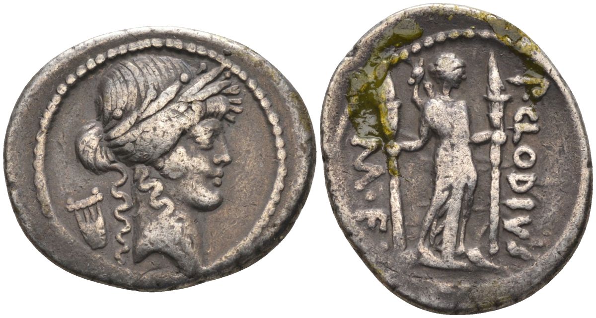 Римская Республика денарий 42 г. до н.э. монетарий П. Клодий Туррин, голова Аполлона, лира / P CLODIVS M F, Диана с двумя факелами, Рим, 3,78 гр Cr. 494/23; Syd. 1117 серебро 1073-9-23