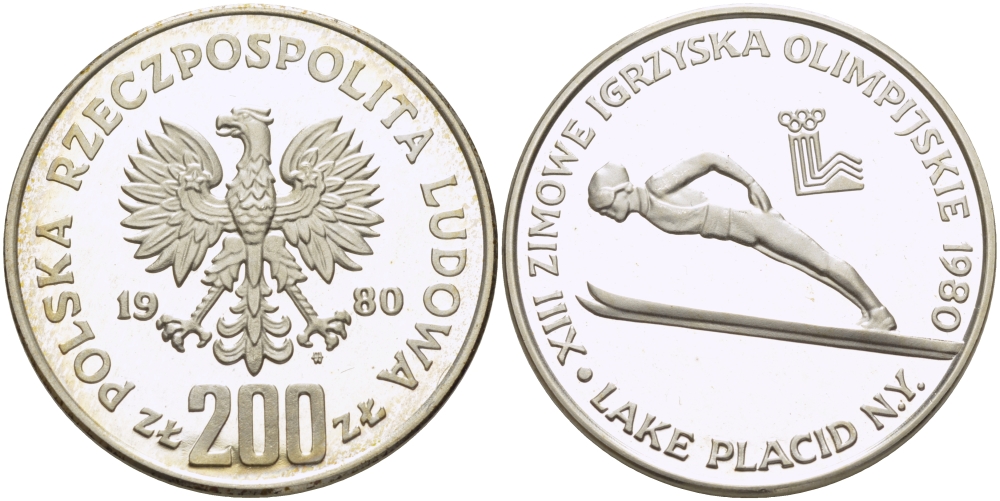 Польша 200 злотых 1980 MW, XIII Олимпийские игры в Лейк-Плэсиде, прыжки с трамплина, тираж 28040 экз. KM 110.2 серебро PROOF 1082-3-33
