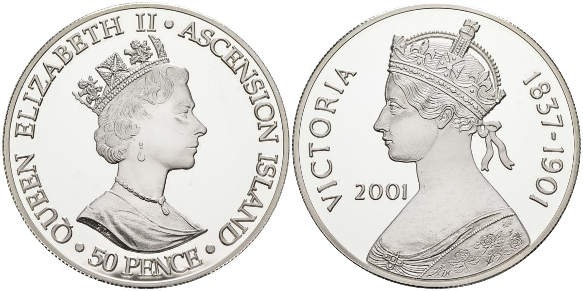 Остров Вознесения 50 пенсов 2001 королева Виктория (1837-1901), тираж 10000 экз. KM 14а серебро PROOF 1095-10-21
