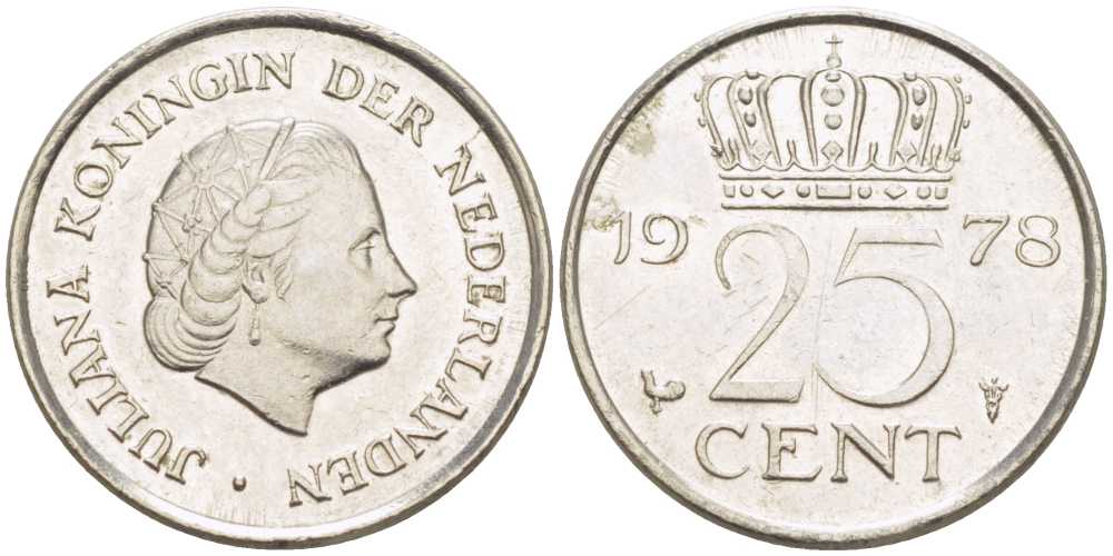 НИДЕРЛАНДЫ 25 ЦЕНТОВ 1978 ЮЛИАНА (1948-1980) KM 183 никель 214-1118