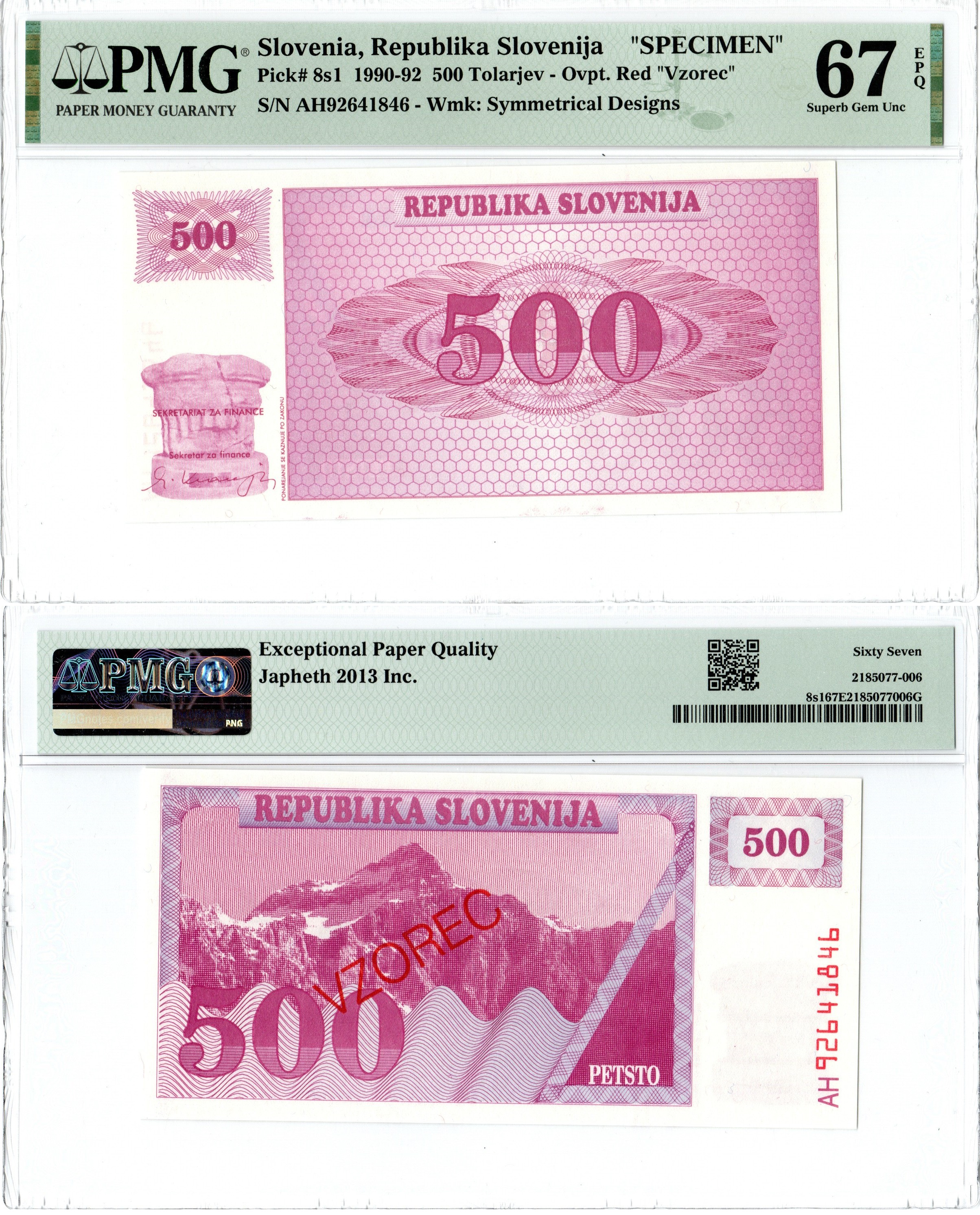 Словения набор из 7 банкнот (образец / SPECIMEN) (1, 5, 10, 50, 100, 500 и 1000 толаров) 1990-1992 в слабах PMG (66, 67 и 68) Pick 1s1, 3s1, 4s1, 5s1, 6s1, 8s1, 9s1 бумага UNC (пресс) 452-2-118