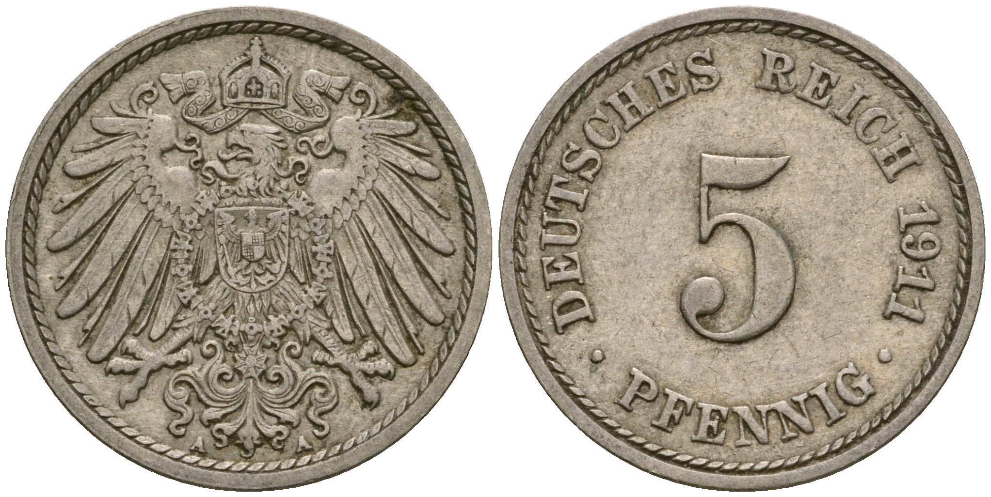 Германия 5 пфеннигов 1911 D KM 11, J. 12, Weege 6 медно-никель 25-1146