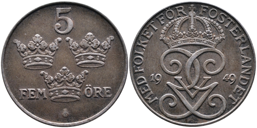 Швеция 5 эре 1949 Густав V (1907-1950) KM 812 железо 4389-136