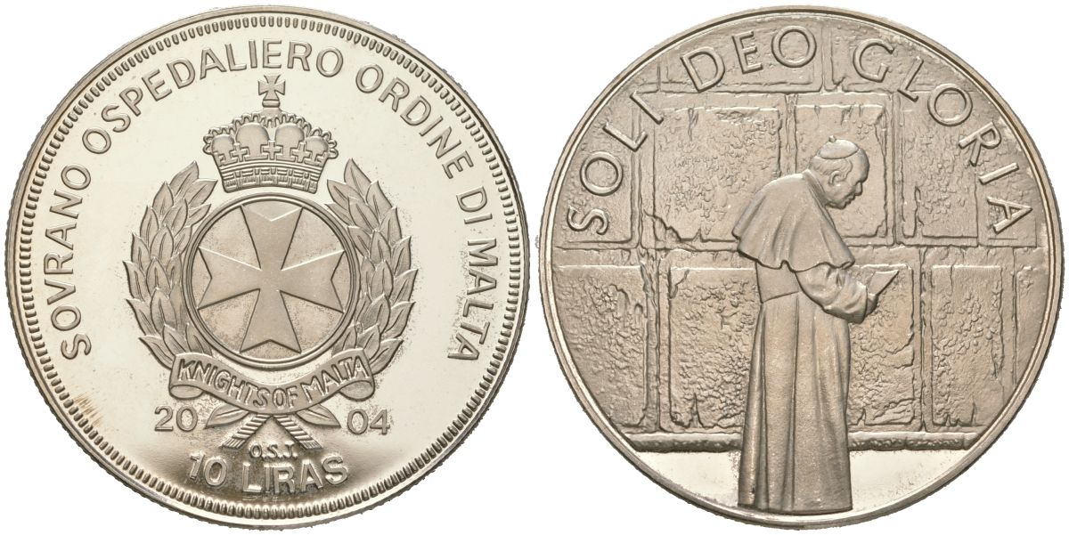 Мальтийский орден 10 лир 2004 Жизнь Папы, Иоанн Павел II - Молитва у Стены Плача, тираж 5.000 экземпляров медно-никель PROOF 1529-1232