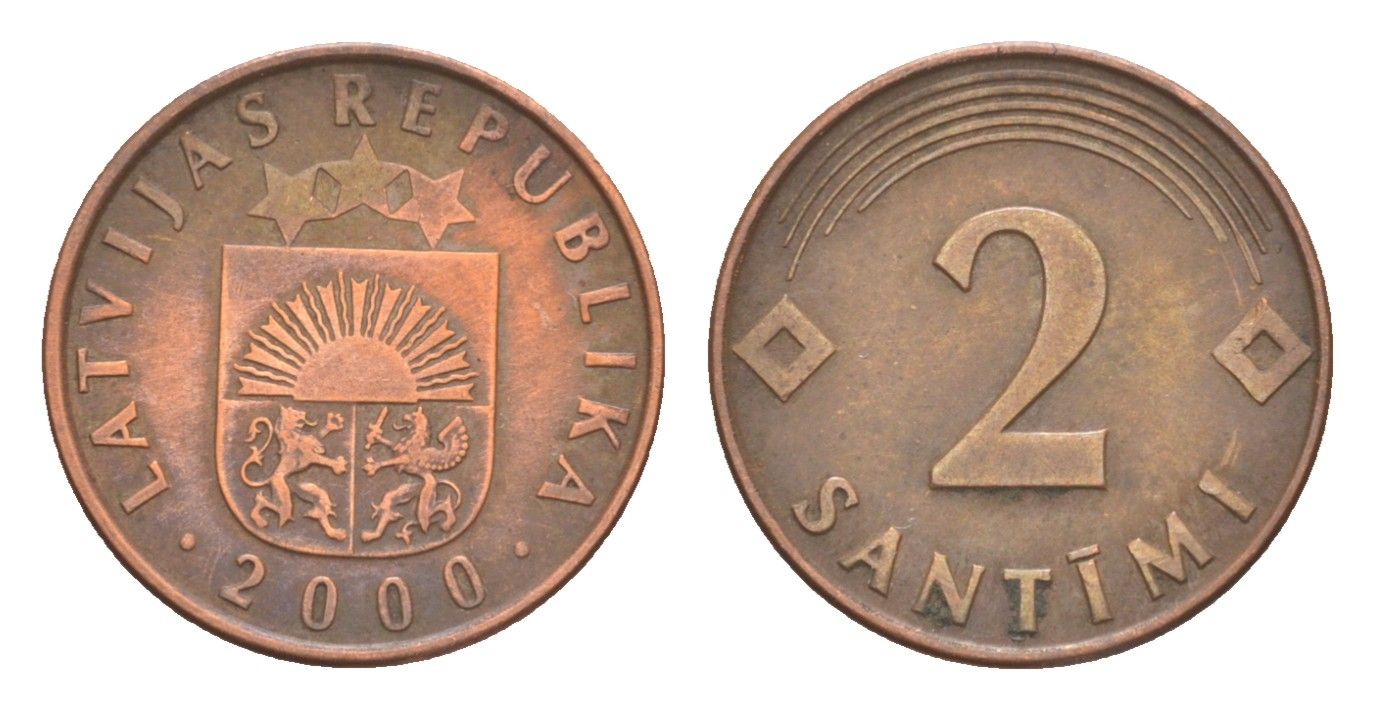 Латвия 2 сантима 2000 KM 21 сталь плакированная медью 4647-954