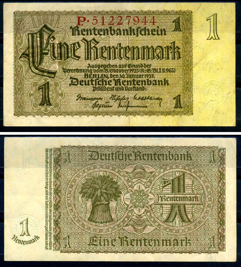 Германия 1 рентенмарка 1937 30 января 1937, восемь цифр в номере, серия P Pick 173 b, Rosenberg 166 b бумага 7376-35-2-2