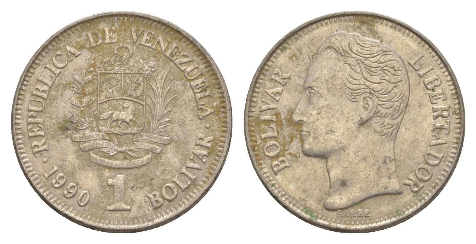 Венесуэла 1 боливар 1990 Симон Боливар, толстый шрифт Y 52a.2 сталь плакированная никелем 4592-124