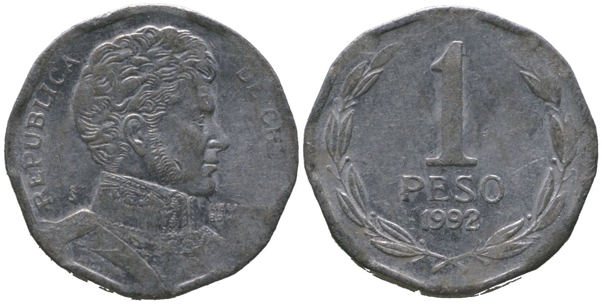 Чили 1 песо 1992 So KM 231, Schon 79 алюминий 4387-328