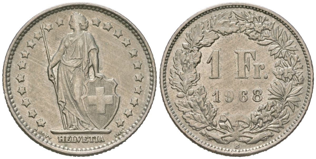 Швейцария 1 франк 1968 B KM 24a.1 медно-никель 216-852