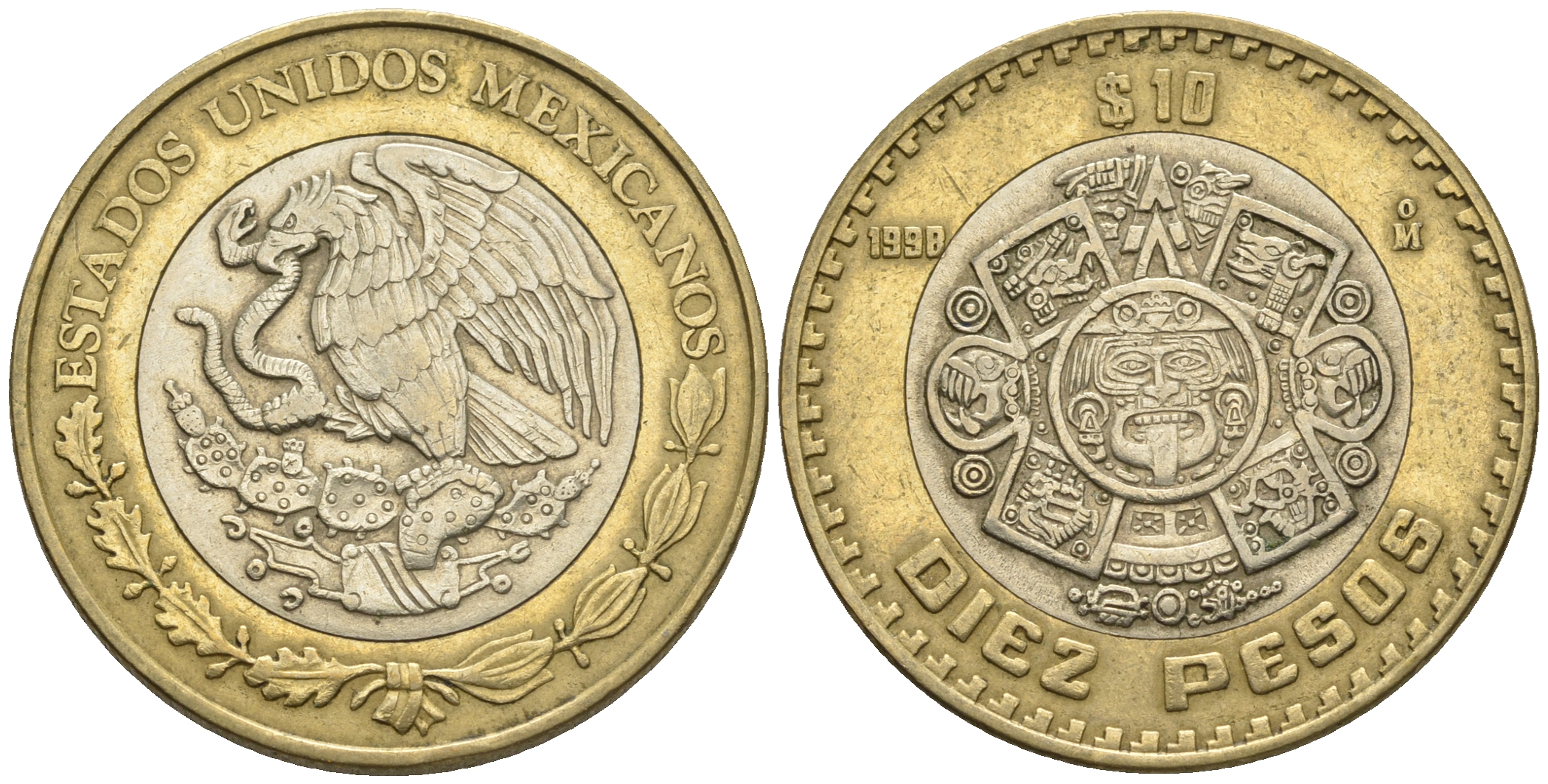 Мексика 10 песо 1998 Мо, бог Тонатиуха с огненной маской KM 616 биметалл 87-743