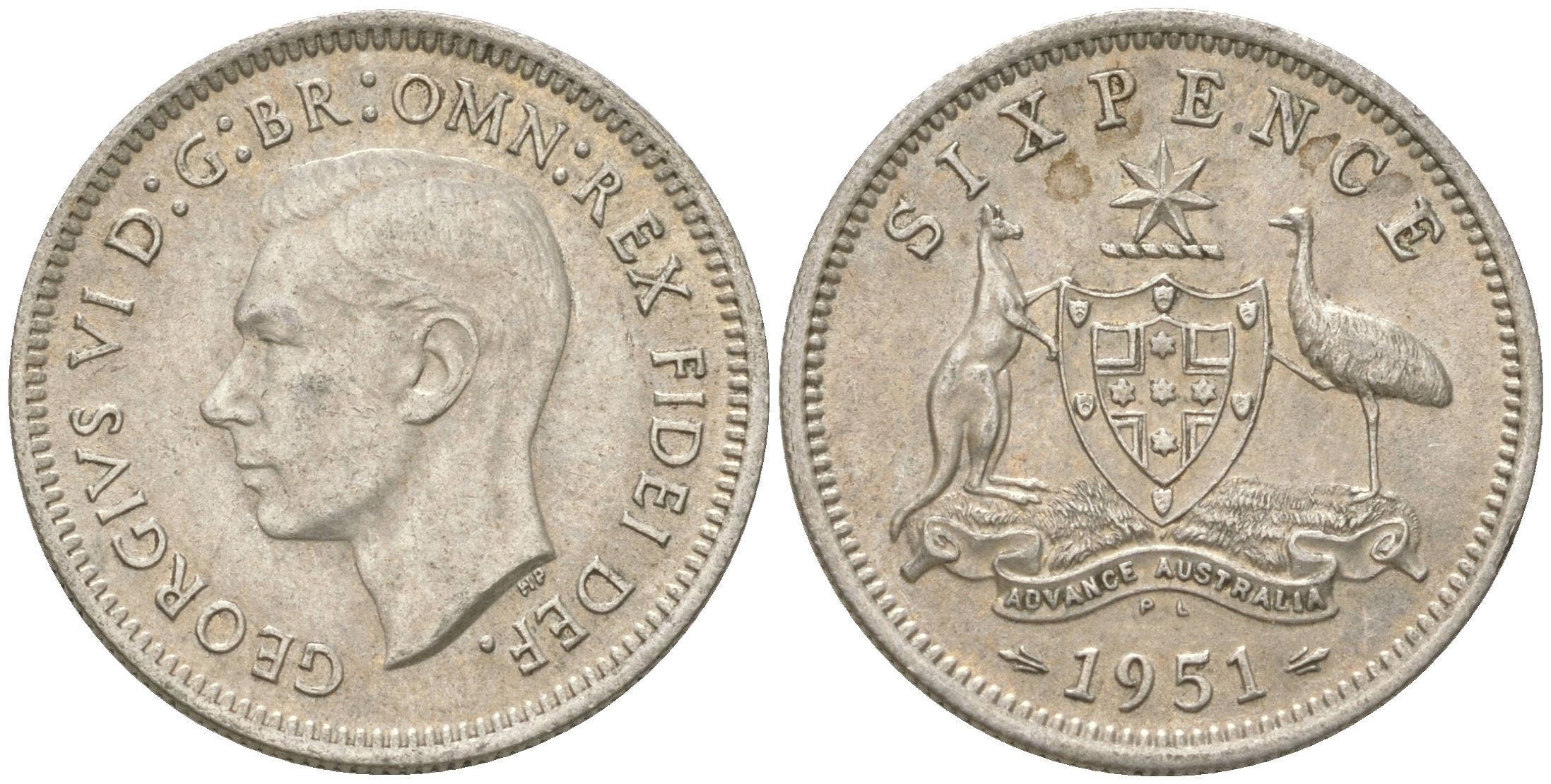 Австралия 6 пенсов 1951 PL, Георг V (1936-1952) KM 45 серебро 4623-239