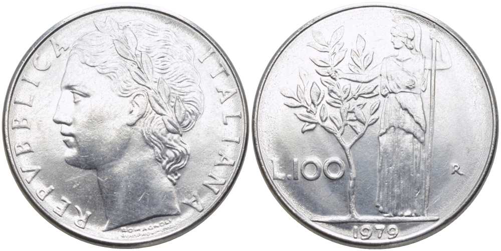 ИТАЛИЯ 100 ЛИР 1979 R, АФИНА KM 96.1 нержавеющая сталь 109-1211