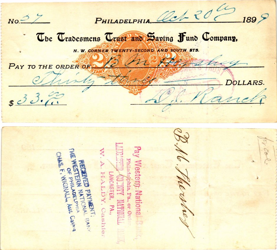 США чек на 33 долларов 1899 Филадельфия бумага 2196-35-1-1