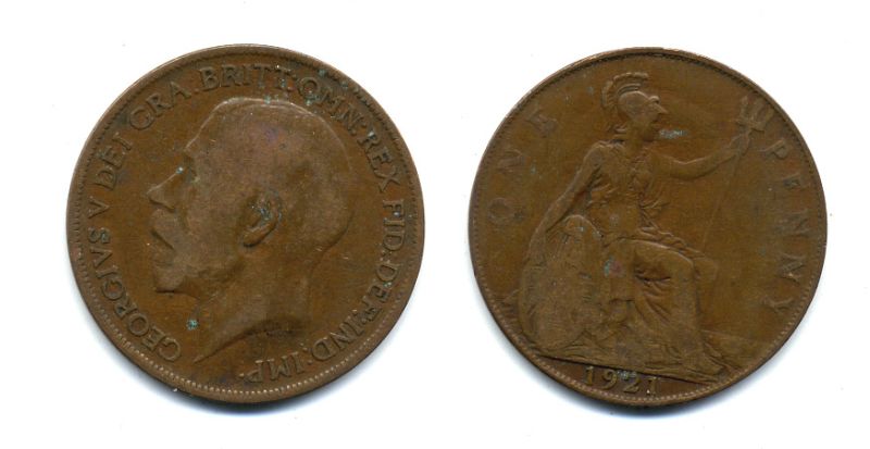 Великобритания 1 пенни 1921 Георг V (1910-1936) KM 810, Spink 4051 бронза 47-615