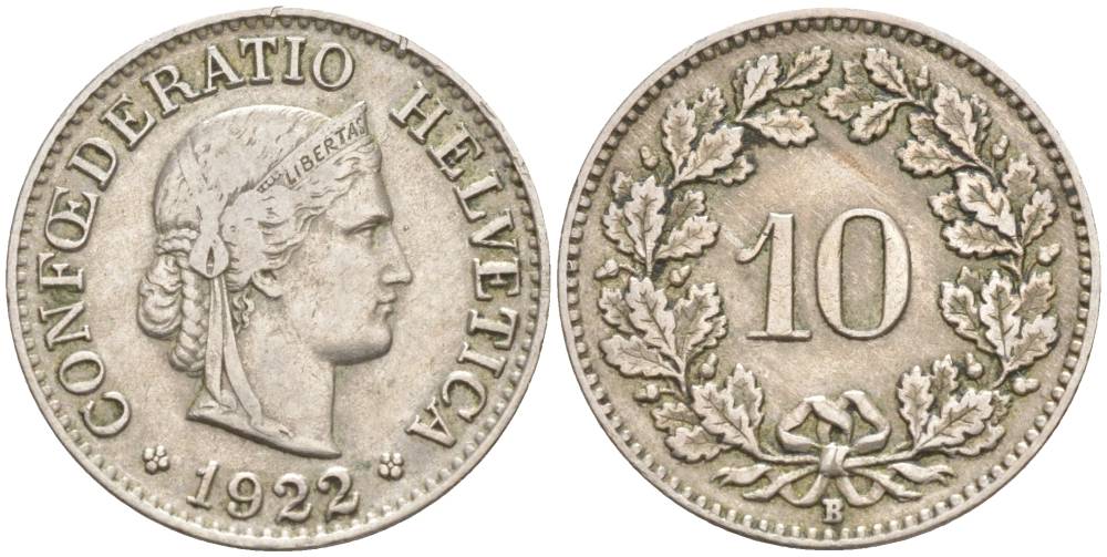 ШВЕЙЦАРИЯ 10 РАППЕНОВ 1922 В KM 27 медно-никель 66-832