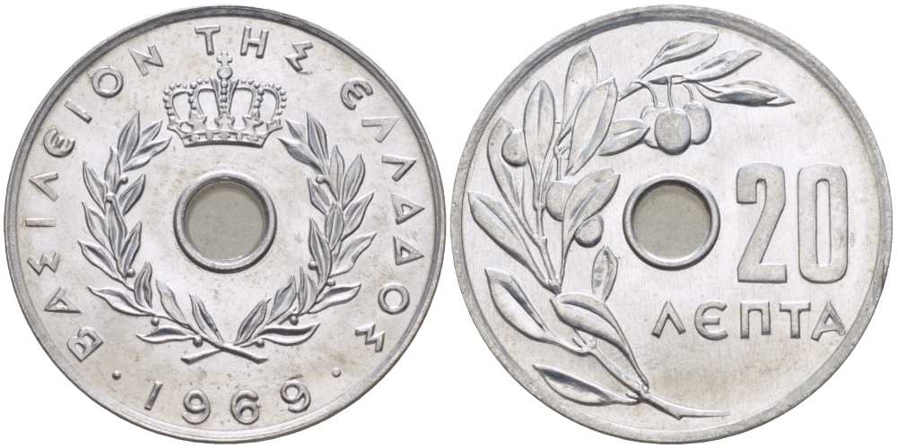 Греция 20 лепта 1969 Константин II (1964-1974), оливковая ветвь KM 79 алюминий UNC 28-833