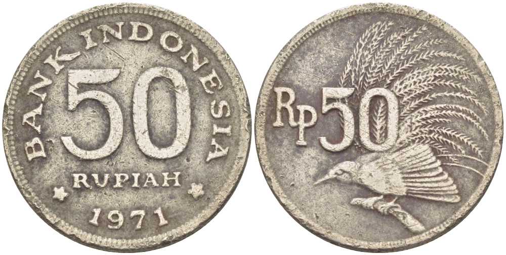 Индонезия 50 рупий 1971 райская птица KM 35 медно-никель 213-641